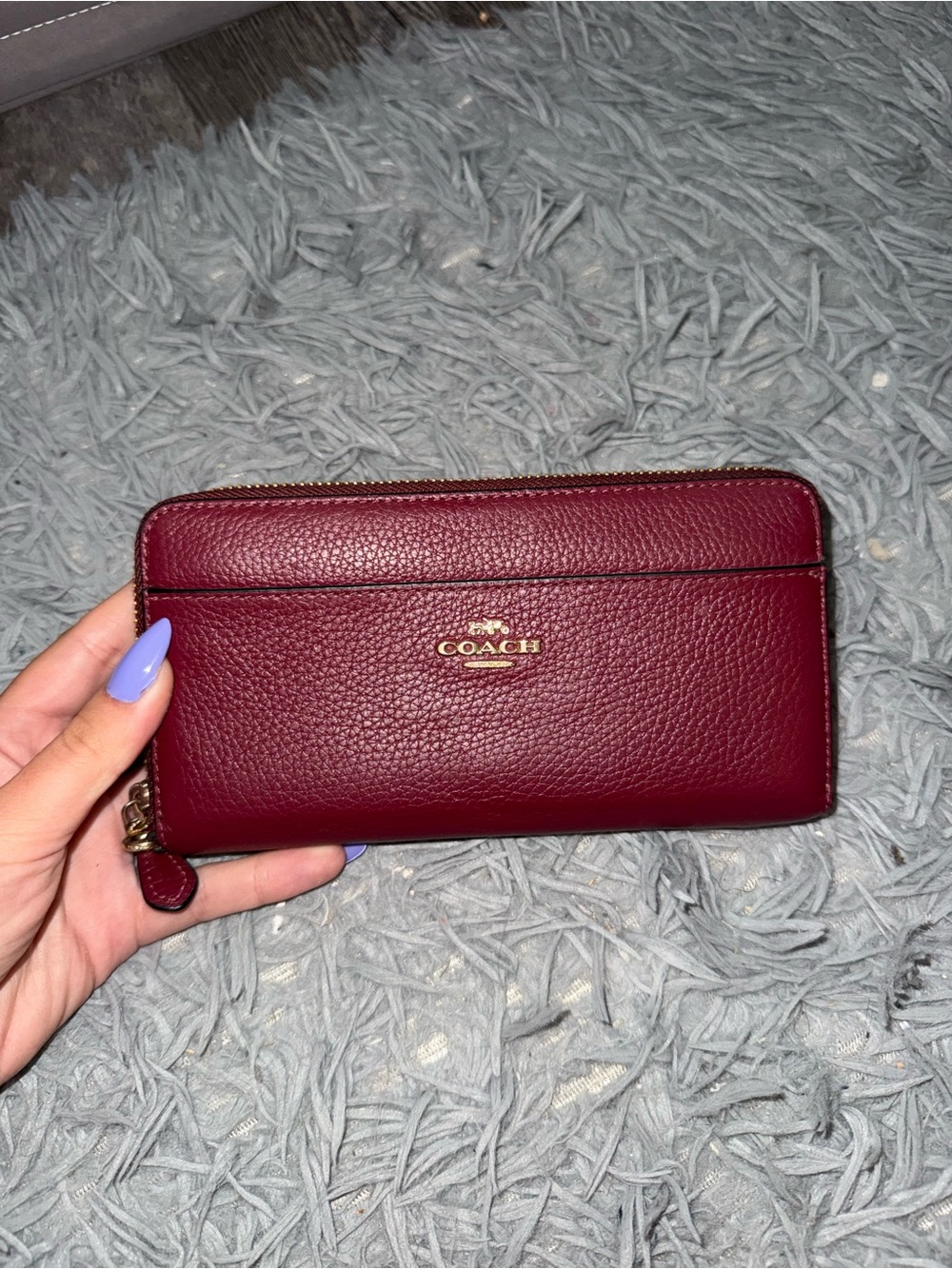 Coach Pebbled Leather Zip Wallet in Burgundy with Gold Hardware